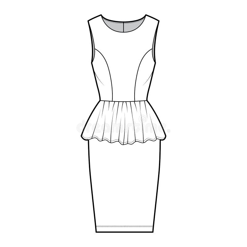 Dress Peplum Technical Fashion Illustration with Sleeveless, Fitted ...