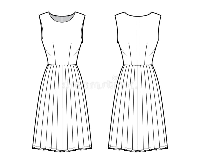 Dress Pleated Technical Fashion Illustration with Long Sleeves, Fitted ...