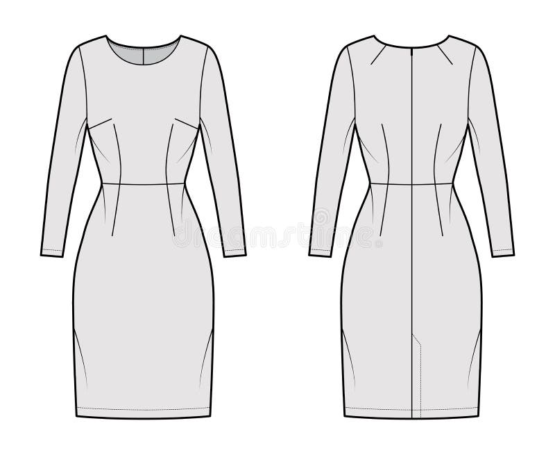 Dress Sheath Technical Fashion Illustration with Long Sleeves, Fitted ...