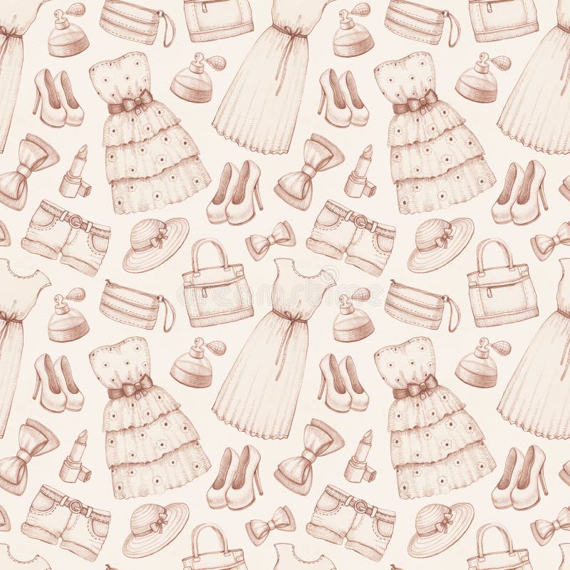 Dresses and Accessories Pencil Drawings Stock Illustration