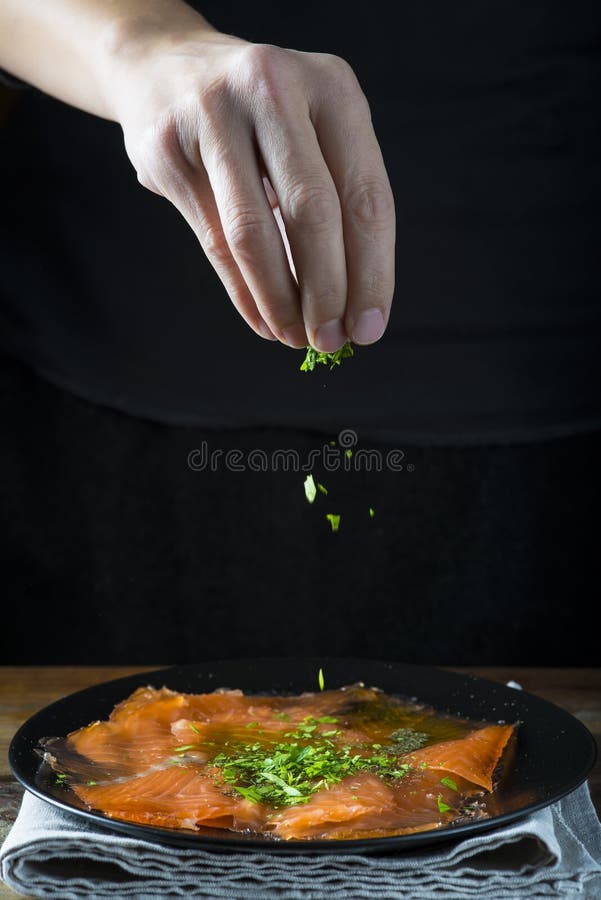 Dressing Gravlax Salmon with Olive Oil and Dill Stock Photo Image of aromatic, green 105182880