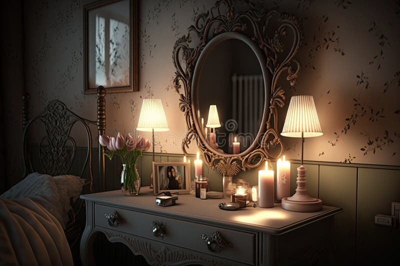 Dressing Table with Mirror and Candlelight Creating Cozy, Romantic