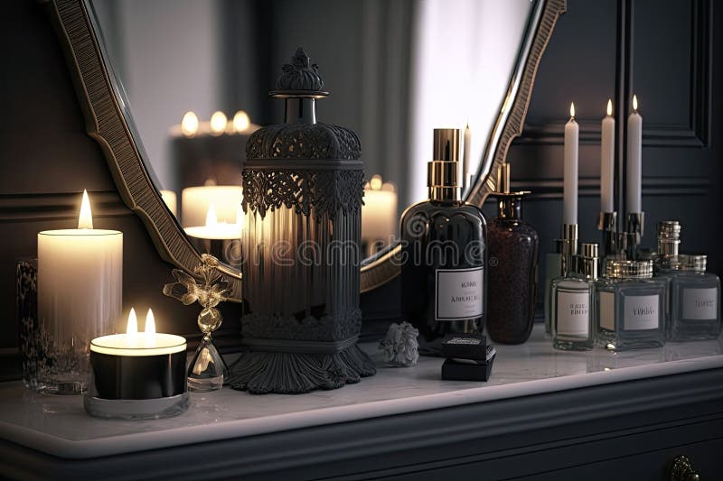 Dressing Table with Mirror, Candles, and Perfumes for a Relaxing