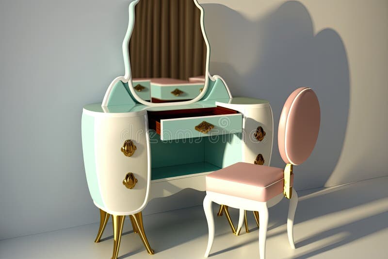 Dressing Table with Mirror and Chair, Ready for Primping and Preening Stock Illustration