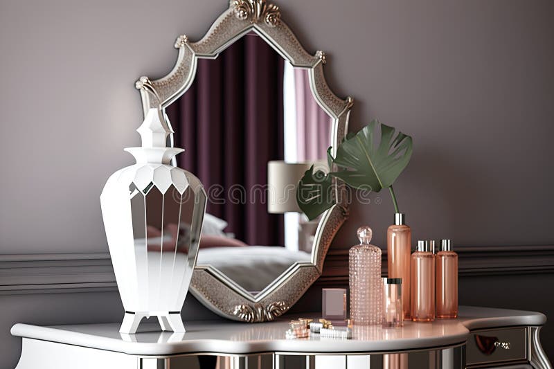 Dressing Table with Mirror and Crystal Vase on Top Stock Illustration
