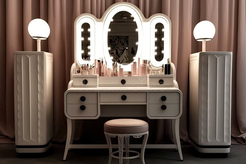 Dressing Table with Mirror and Lighted Makeup Station Stock