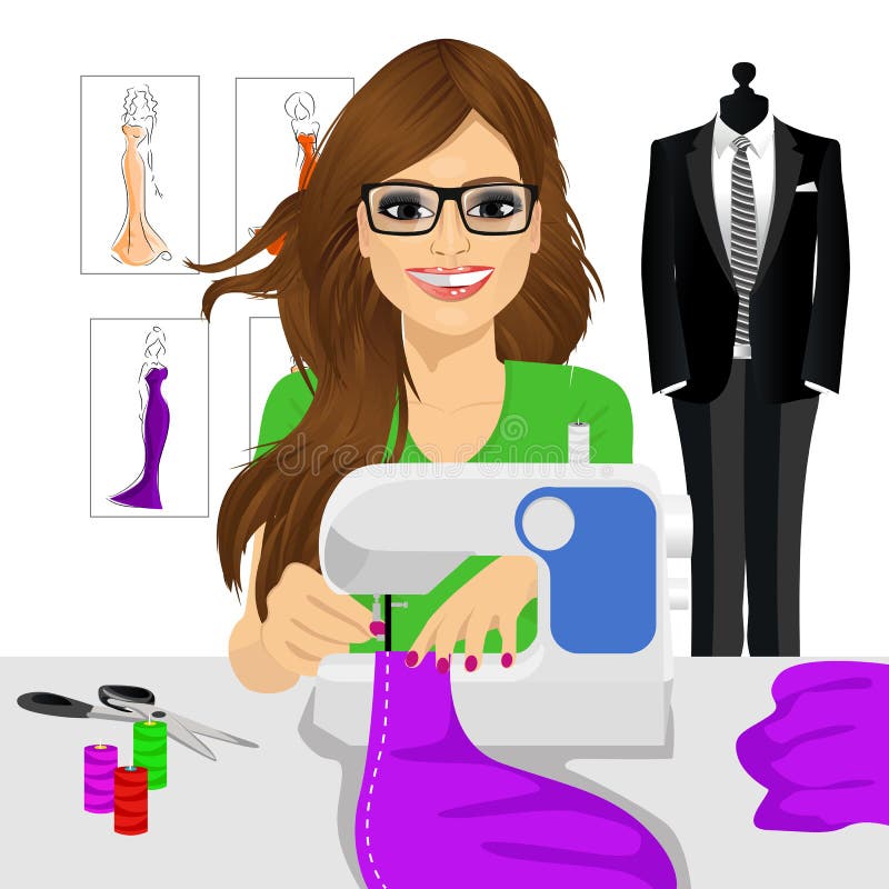 A woman dressmaker at sewing machine flat Vector Image