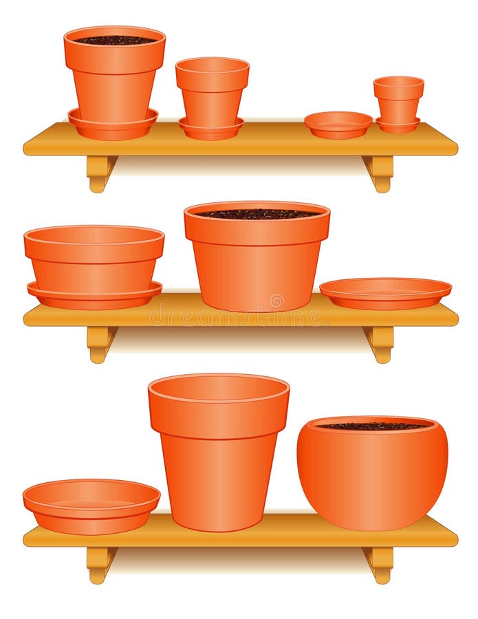 Clay pottery collection for gardening & do it yourself projects: flowerpots, saucers, planters on three wooden shelves. EPS8 organized in groups for easy editing. Clay pottery collection for gardening & do it yourself projects: flowerpots, saucers, planters on three wooden shelves. EPS8 organized in groups for easy editing.