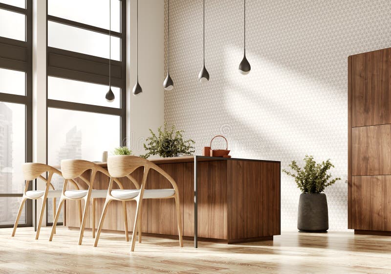 Drewniane krzesła w pobliżu wyspy kuchennej. projekt wnętrza jadalni 3d rendering ilustracja wektor