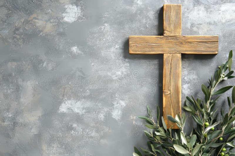 Drewniany krzyż, któremu towarzyszy gałąź oliwna o teksturowanym tle idealnym do tematów religijnych obrazy royalty free