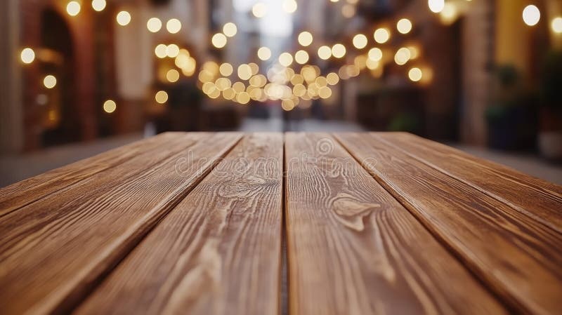 Drewniany stolik jest pusty wśród zamazanego złotego jasnego bokeh w kawiarni z ciemnym tłem fotografia royalty free