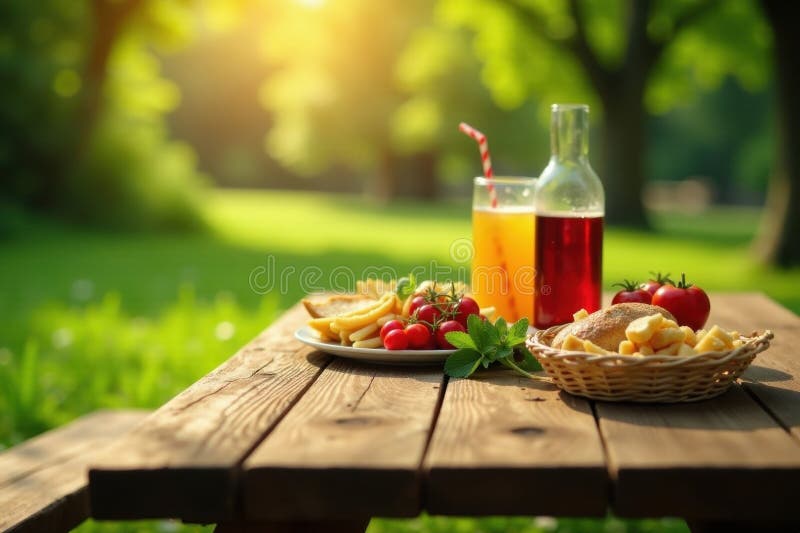 Drewniany stolik piknik z napojami pokarmowymi widok światła słonecznego cień ilustracja wektor