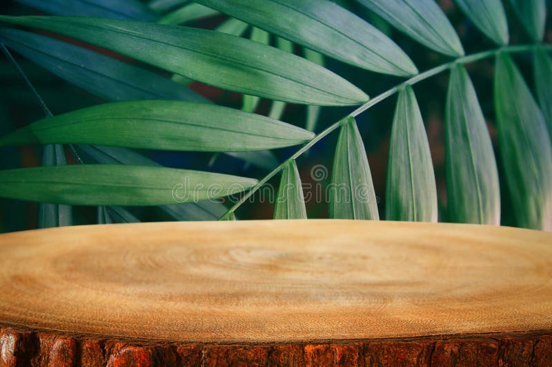 drewniany stół przed tropikalnym zielonym kwiecistym tłem dla produkt prezentaci i pokazu
