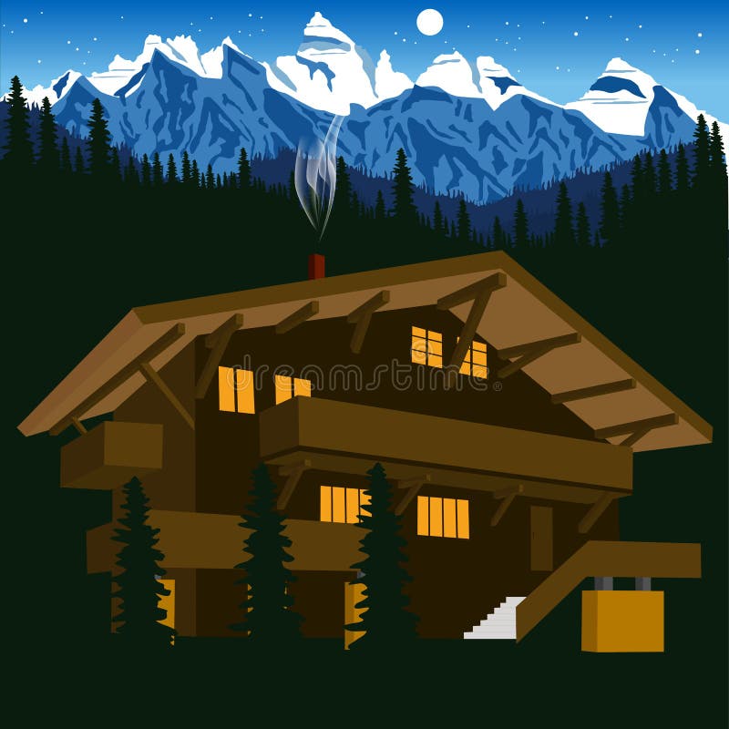 Drewniany szalet w halnych alps przy nocą ilustracji Drewniany szalet w halnych alps przy nocą ilustracji