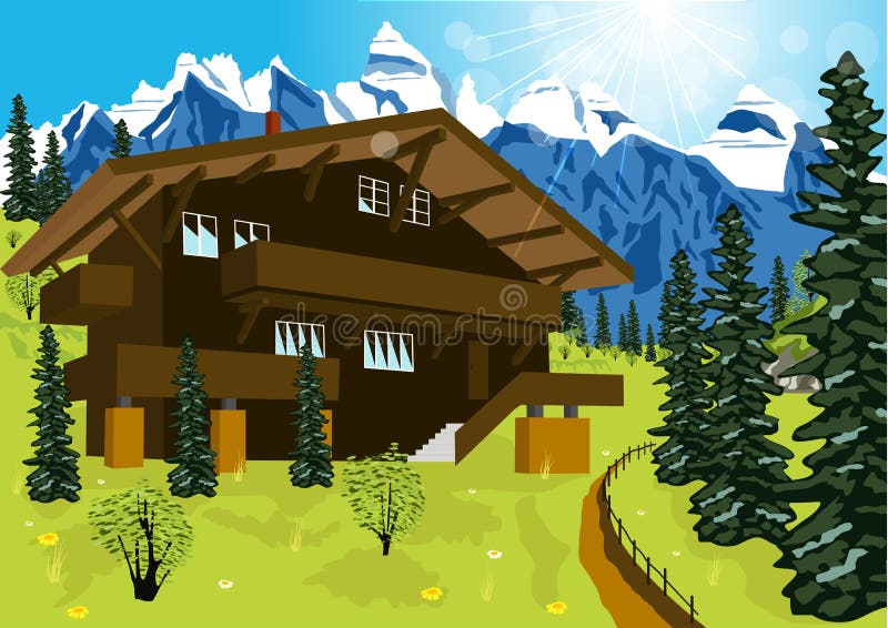 Drewniany szalet w halnych alps przy wiejskim lato krajobrazem royalty ilustracja Drewniany szalet w halnych alps przy wiejskim lato krajobrazem royalty ilustracja