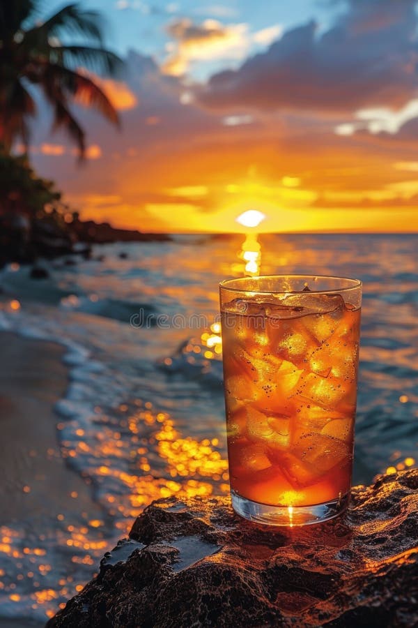 A drink placed on top of a rock near the ocean, set against the backdrop of the sea and waves. AI Generative AI generated. A drink placed on top of a rock near the ocean, set against the backdrop of the sea and waves. AI Generative AI generated