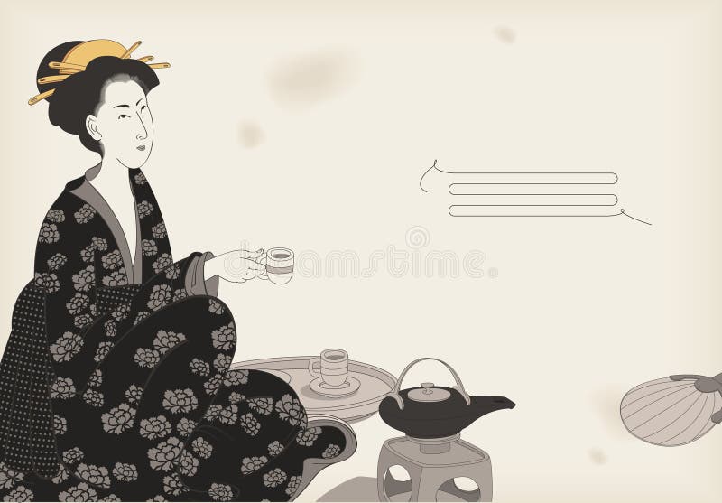 Woman drinking tea- Japanese style drawing. Woman drinking tea- Japanese style drawing