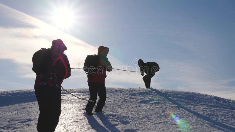Drie Alpenists beklimmen kabel op sneeuwberg De toeristen werken samen als team schuddende hoogten die moeilijkheden overwinnen royalty-vrije stock afbeelding Drie Alpenists beklimmen kabel op sneeuwberg De toeristen werken samen als team schuddende hoogten die moeilijkheden overwinnen royalty-vrije stock afbeelding