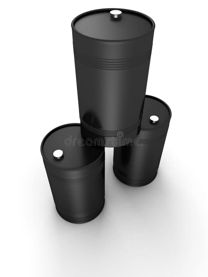 Three 3d black oil barrel drums on white background 3d. Three 3d black oil barrel drums on white background 3d