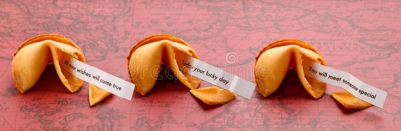 Three open fortune cookies on a world map with the sayings All your wishes will come true, Today is your lucky day and You will meet someone special. Three open fortune cookies on a world map with the sayings All your wishes will come true, Today is your lucky day and You will meet someone special.