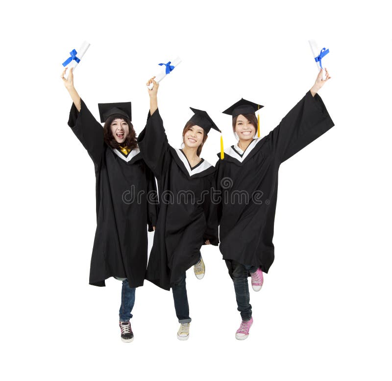 Drie gelukkige Aziatische graduatiestudent stock fotografie Drie gelukkige Aziatische graduatiestudent stock fotografie