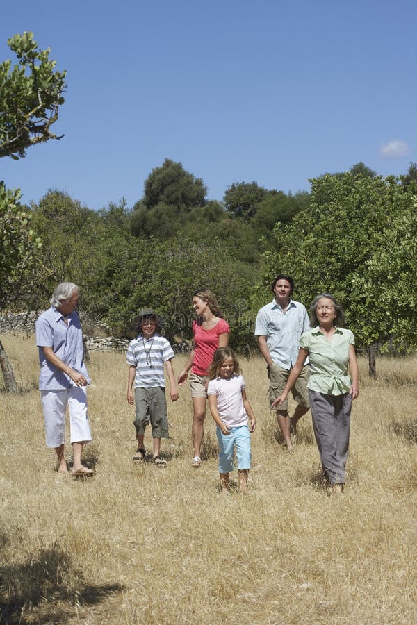 Drie Generatiefamilie die op Gebied lopen stock afbeelding