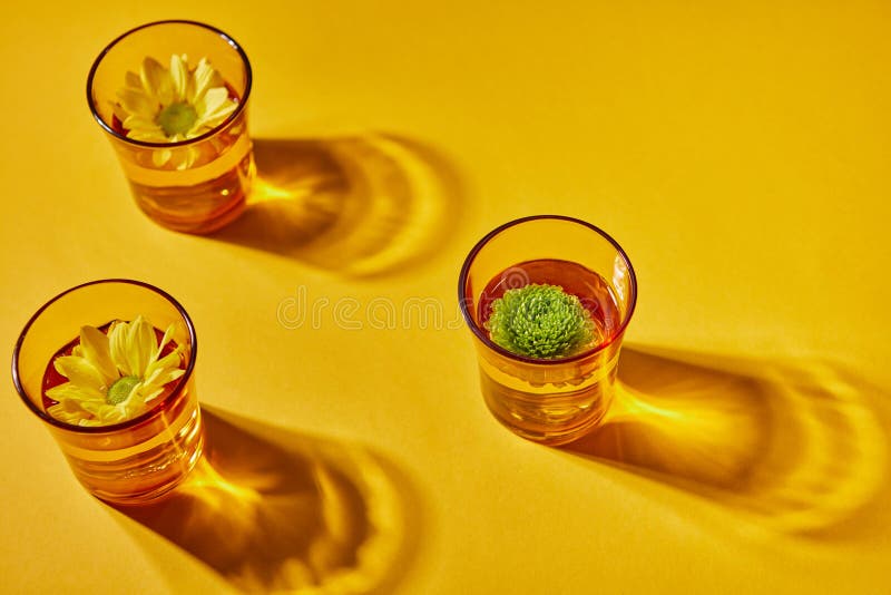 Drie glazen water en bloemen op een gele document achtergrond met schaduw royalty-vrije stock foto's Drie glazen water en bloemen op een gele document achtergrond met schaduw royalty-vrije stock foto's