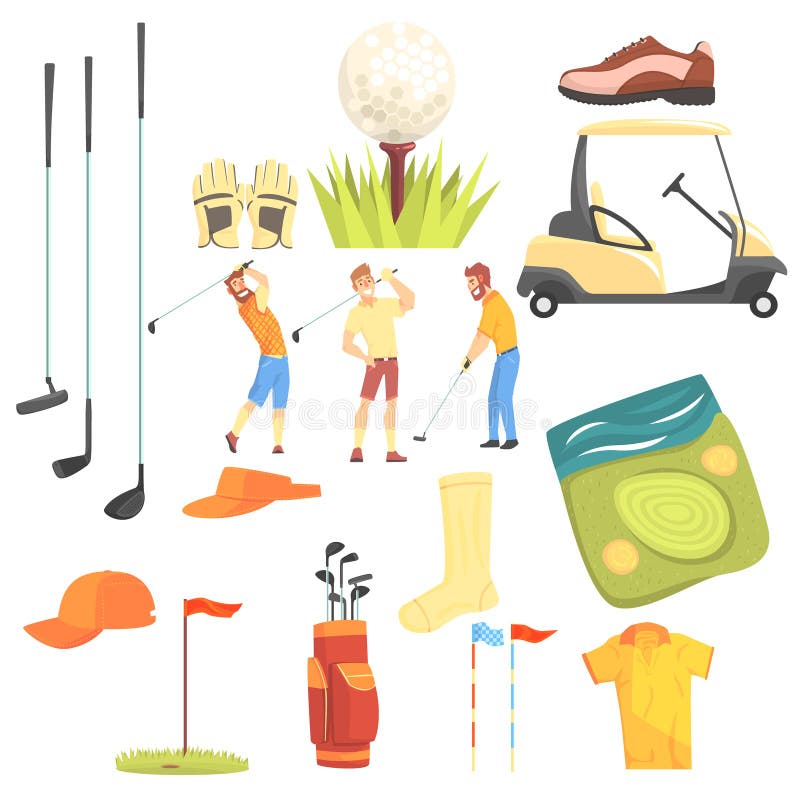 Drie Golfspelers die die Golf spelen door van het Sportmateriaal en Spel de Vectorillustratie van het Attributenbeeldverhaal word vector illustratie Drie Golfspelers die die Golf spelen door van het Sportmateriaal en Spel de Vectorillustratie van het Attributenbeeldverhaal word vector illustratie