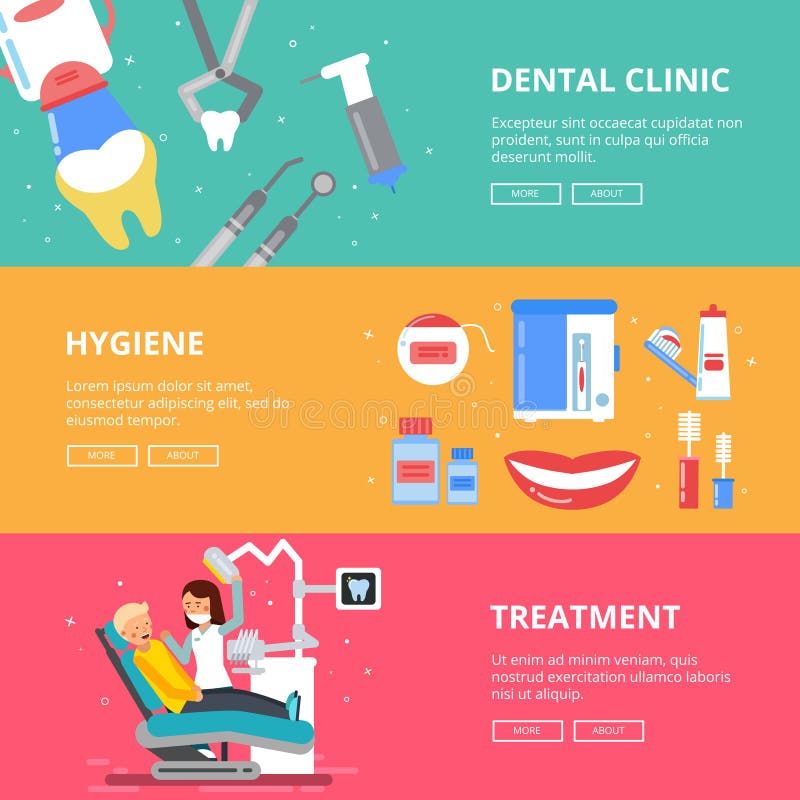 Drie horizontale banners van geneeskundeconcept Tandbeelden van het boren van tanden Medische toebehoren van tandarts royalty-vrije illustratie Drie horizontale banners van geneeskundeconcept Tandbeelden van het boren van tanden Medische toebehoren van tandarts royalty-vrije illustratie