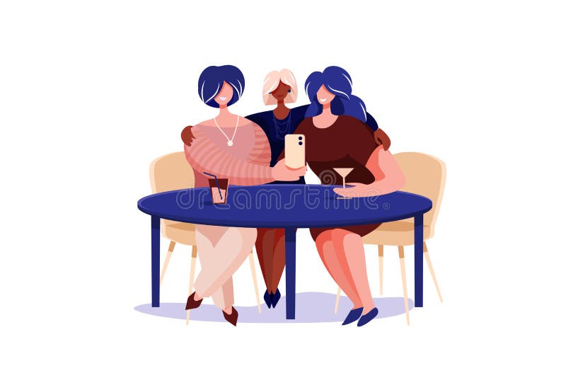 Drie meisjes die zelffoto maken tekenfilmconcept op witte achtergrond Vector websitemalsjabloon stock illustratie Drie meisjes die zelffoto maken tekenfilmconcept op witte achtergrond Vector websitemalsjabloon stock illustratie