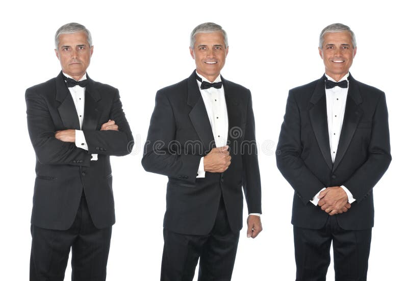 Drie meningen van de rijpe mens die een smoking dragen royalty-vrije stock afbeelding Drie meningen van de rijpe mens die een smoking dragen royalty-vrije stock afbeelding