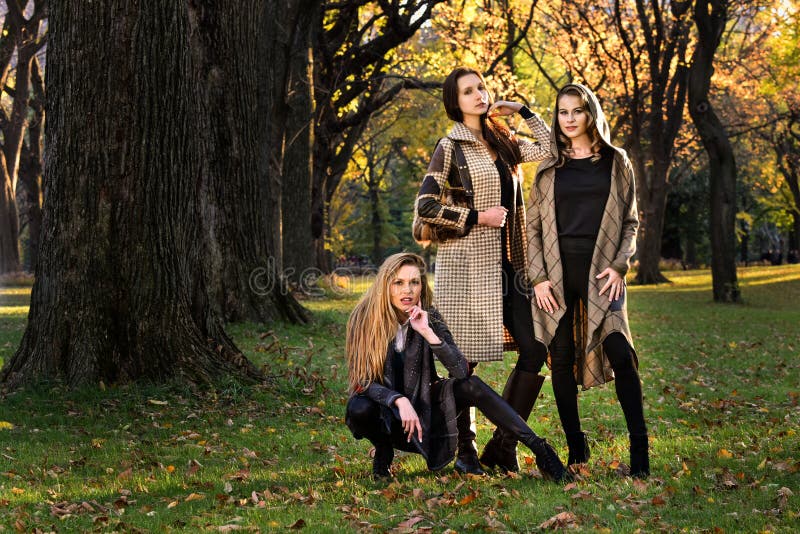 Drie mooie jonge modellen in de herfst elegante kleren die bij Central Park stellen stock fotografie Drie mooie jonge modellen in de herfst elegante kleren die bij Central Park stellen stock fotografie