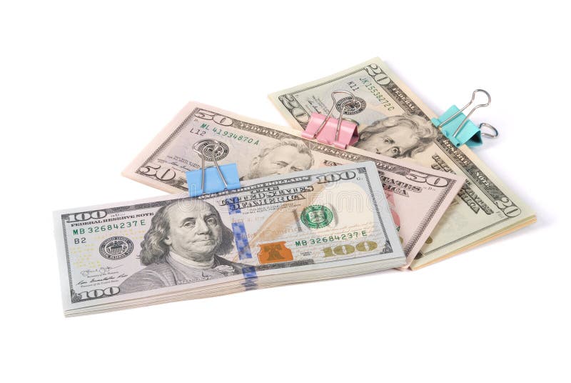 Drie pakjes van geld honderd vijftig twintig dollars stock afbeeldingen Drie pakjes van geld honderd vijftig twintig dollars stock afbeeldingen
