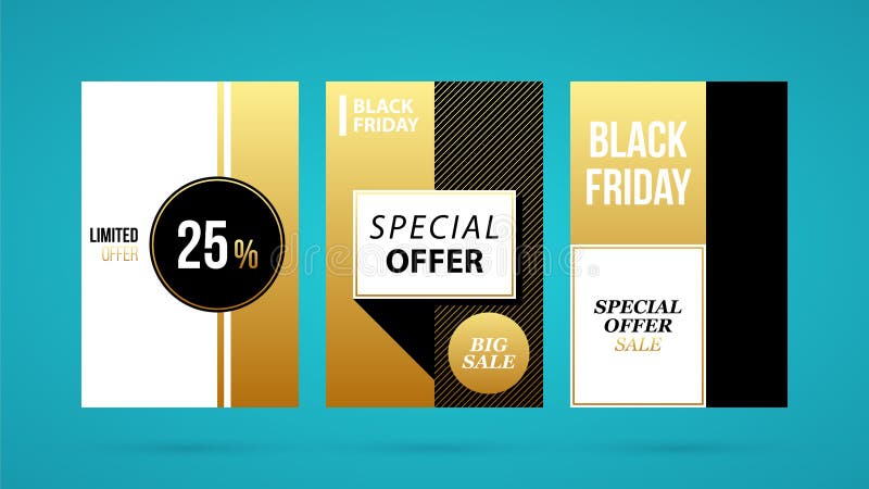 Drie verticale banners/affiches van Black Friday in gouden stijl vector illustratie Drie verticale banners/affiches van Black Friday in gouden stijl vector illustratie