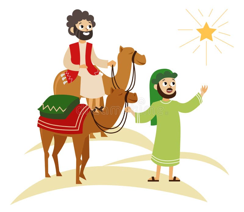 Drie wijzen op kamelen die naar Bethlehem gaan stock illustratie Drie wijzen op kamelen die naar Bethlehem gaan stock illustratie