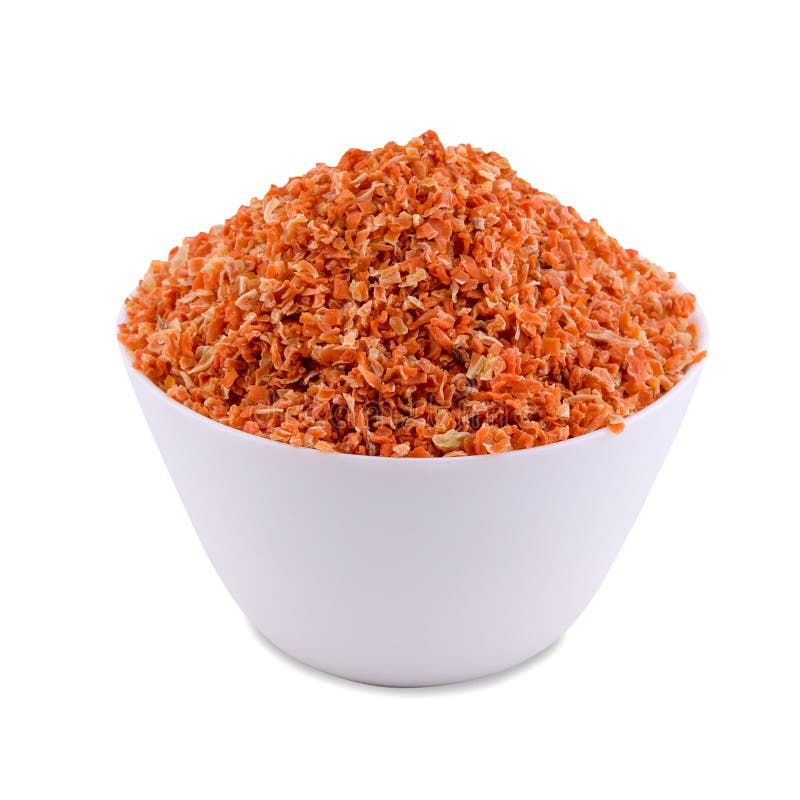 Dried Carrot Chips in White Bowl Isolated on White Background, Copy
