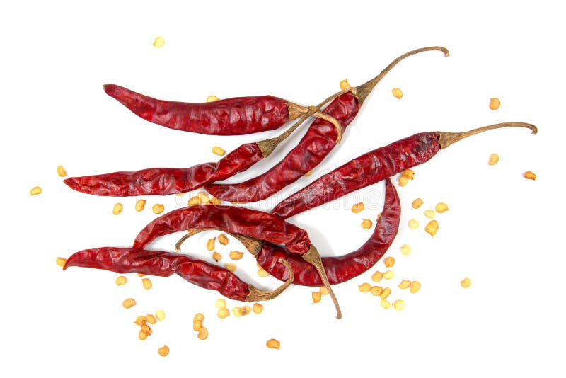 Dried chili peppers with seed on white background. Dry chilli isolated. Dry chili isolated. Dried chili isolated