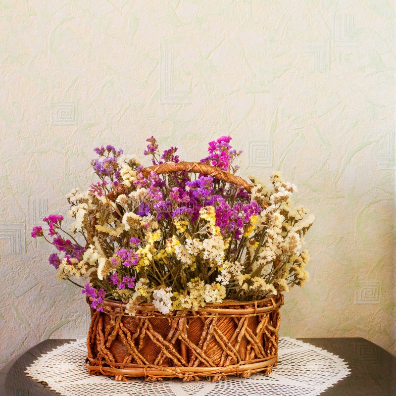 Dried Flowers in a Basket. Winter Bouquet. Stock Image Image of