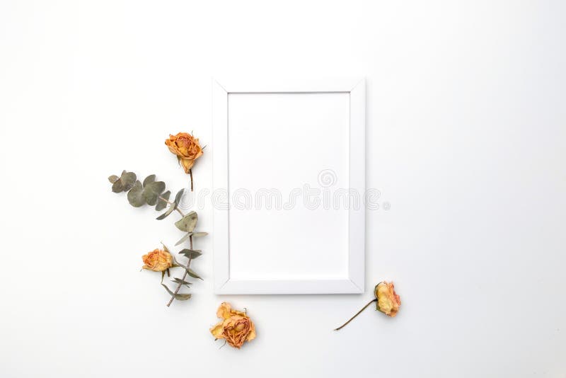 Dried Flowers Composition. Frame Made of Dried Rose. Flat Lay, Top View