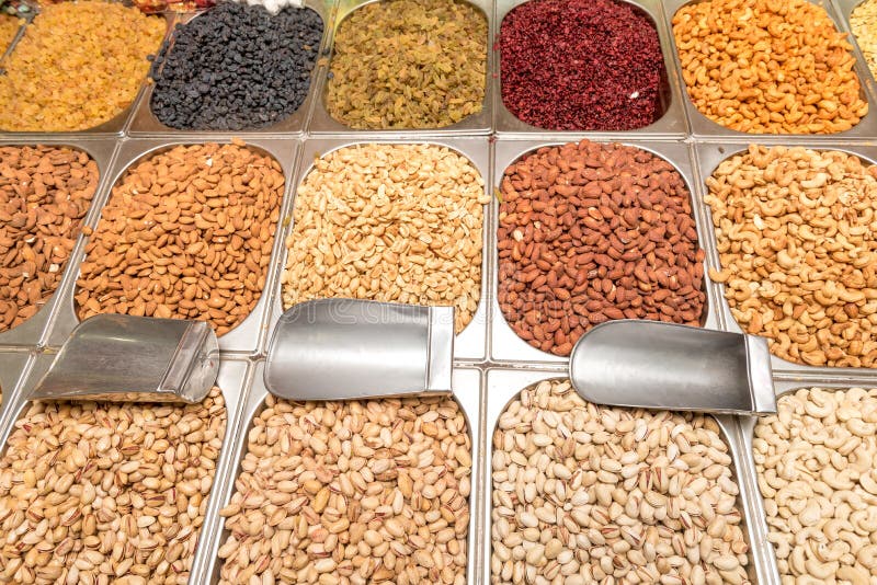 Dried Fruit for Sale in the Spice Souk at Deira. UAE Dubai. Stock Photo