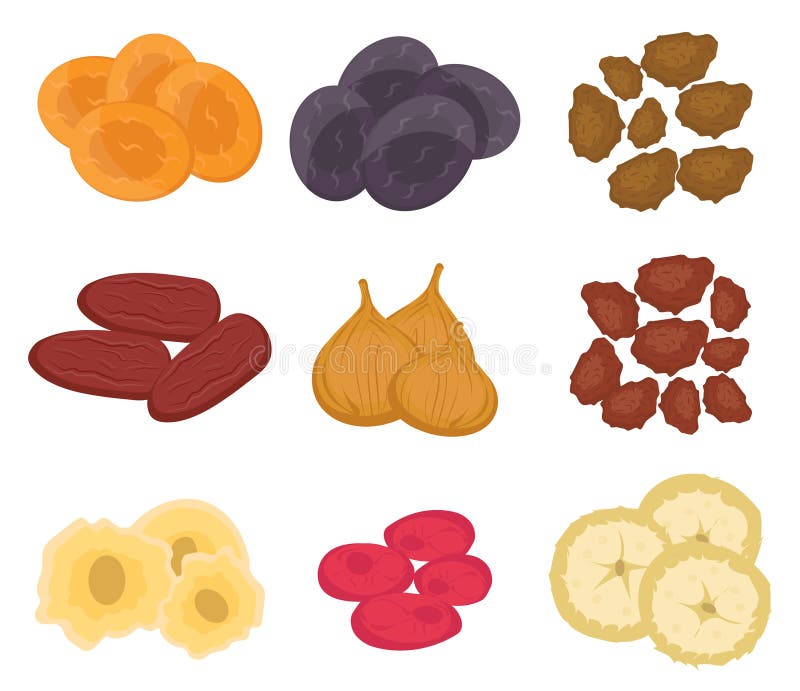 Dried fruits set, flat style. Raisins, apricots, prunes on a white background. Vector illustration, clip art stock illustration Dried fruits set, flat style. Raisins, apricots, prunes on a white background. Vector illustration, clip art stock illustration