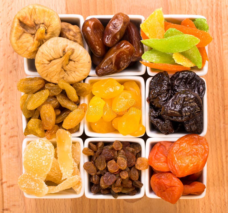 Dried fruits on wooden table