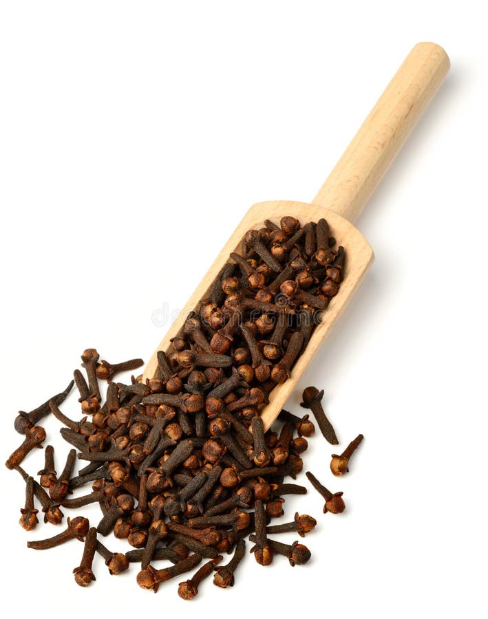Dried herb, dried cloves in the wooden scoop, on white stock images Dried herb, dried cloves in the wooden scoop, on white stock images