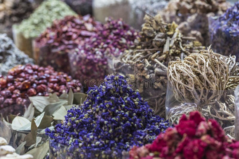 Dried Herbs, Flowers and Arabic Spices in the Souk at Deira in D Stock