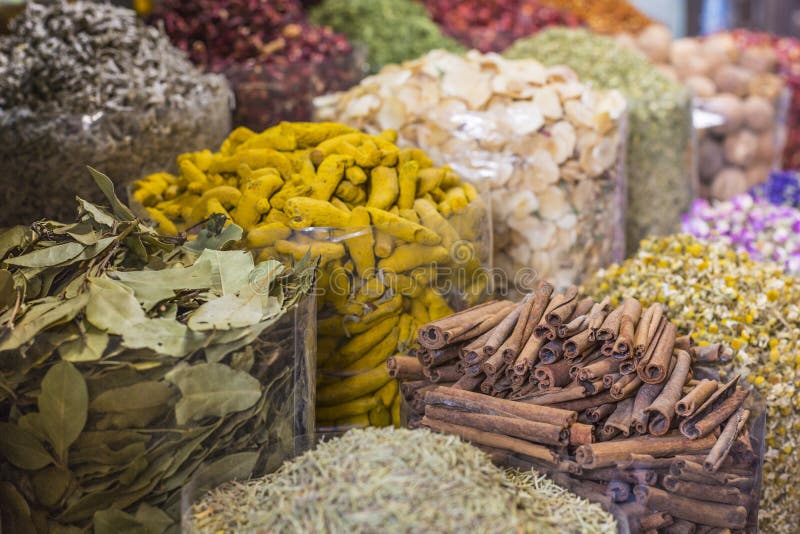 Dried Herbs, Flowers and Arabic Spices in the Souk at Deira in D Stock