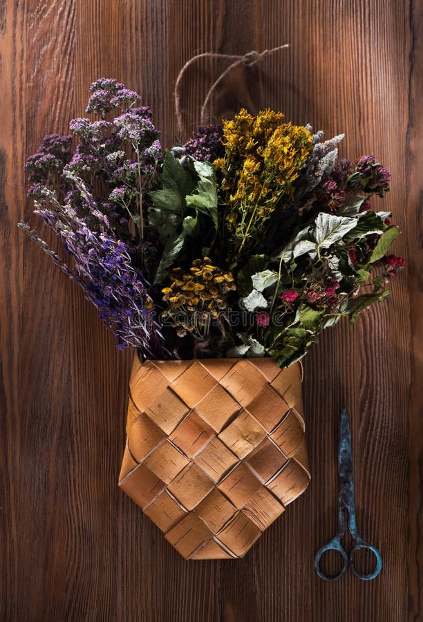 Dried herbs, flowers and berries for herbal tea. Herbal Medicine. Raspberry basket stock images, royalty-free photos and pictures