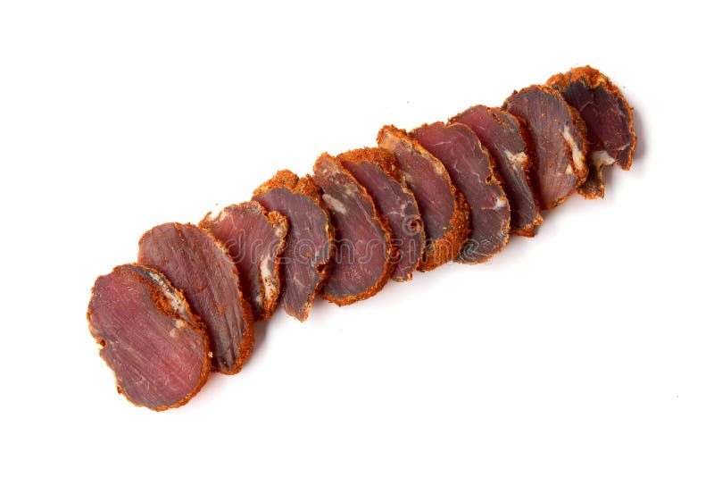 Dried Meat Beef Jerky Dry Isolated on White Background. Stock Photo