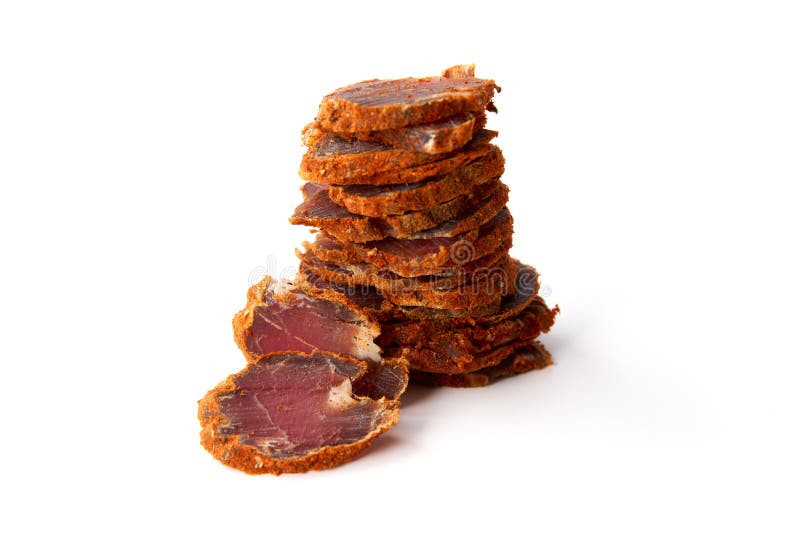 Dried Meat Beef Jerky Dry Isolated on White Background. Stock Image