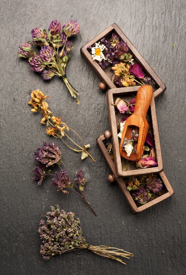 Dried Medicinal Herbs in Wooden Boxes for Herbal Healing Tea, Stock