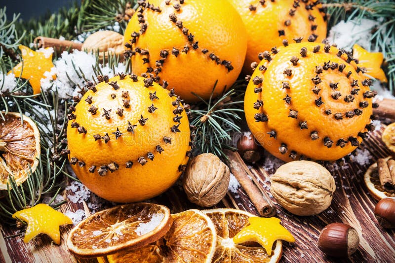 Dried Oranges and Oranges with Cloves. Christmas Decorations Stock